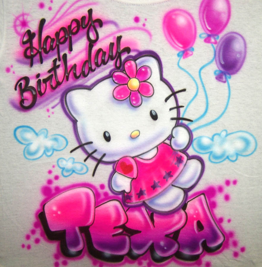 Birthday Kitty & Balloons Personalized Airbrushed T-Shirt Or Sweatshirt
