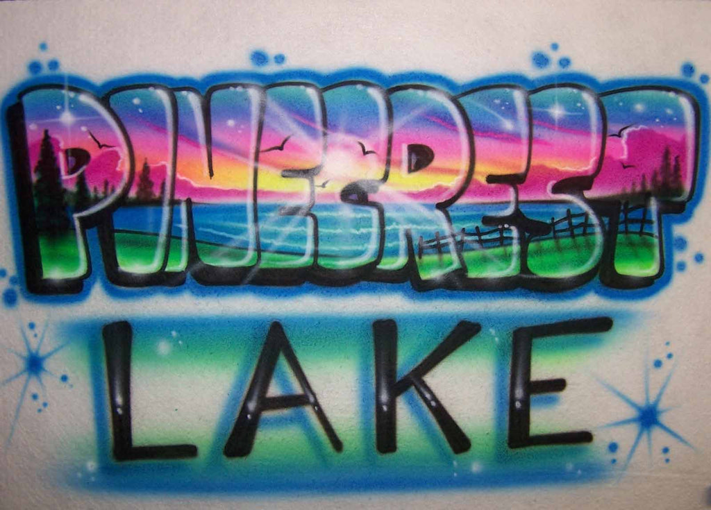 Colorful Lake Sunset Shirt Design with Any Camp or Vacation Name Airbrushed
