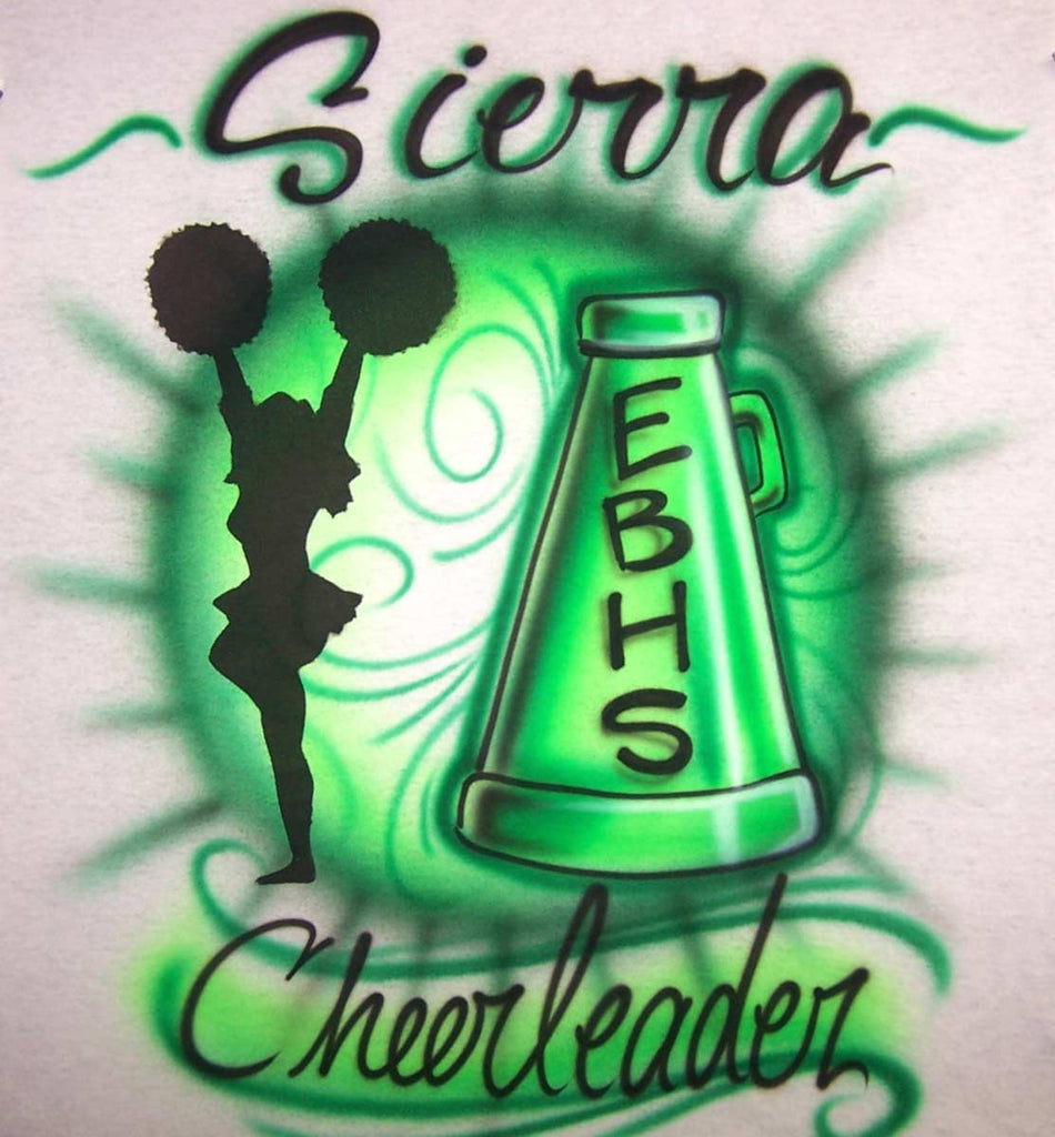 Airbrushed Cheerleader and Megaphone Personalized Tee or Sweat Shirt