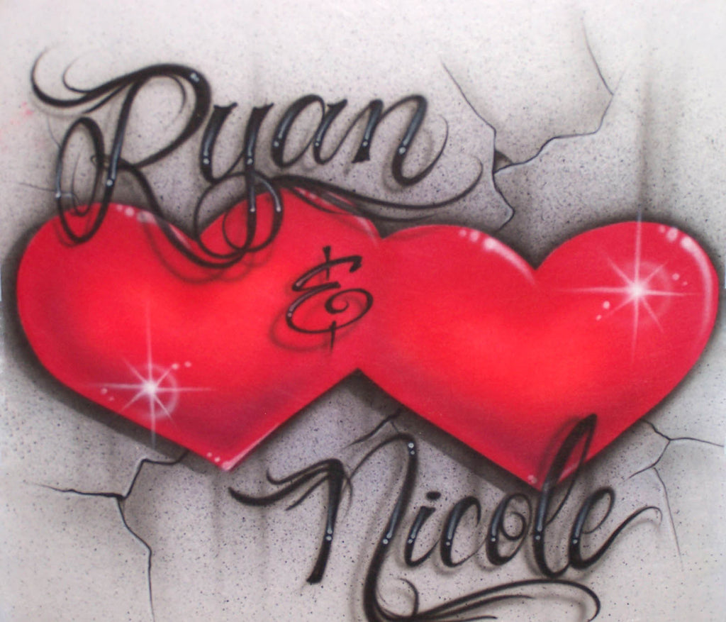 Double Hearts & Cracked Concrete Background with Any Two Names Airbrushed