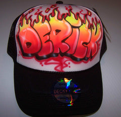 Flame Letter Airbrushed Personalized Snap Back Trucker Hat