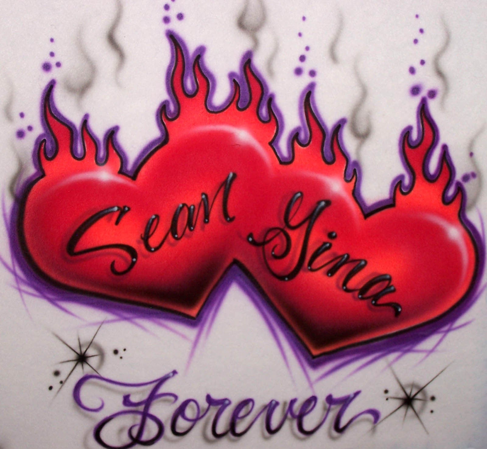 Flaming Double Heart Airbrushed Personalized Shirt