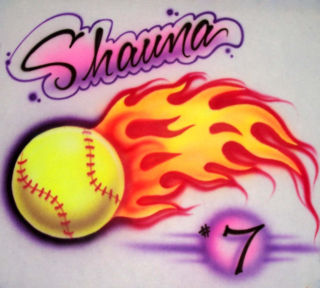 Personalized Flaming Softball Design with Player # Airbrushed Shirt