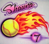 Flaming Softball Design with Player Name Number Airbrushed Shirt