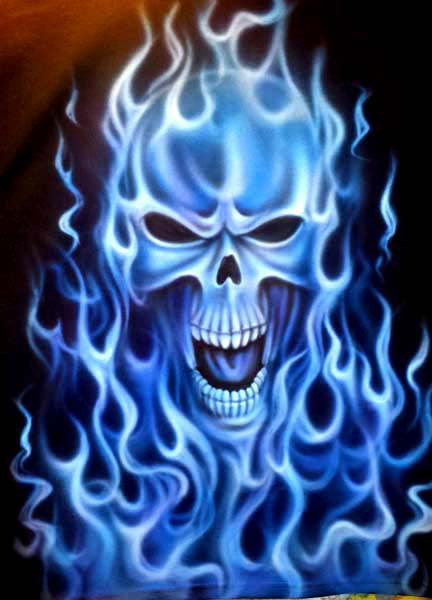 Airbrush ghost flames & skull on black shirt