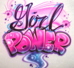 Girl Power lettering in pink, blue and purple with flowing swirls and star accents.