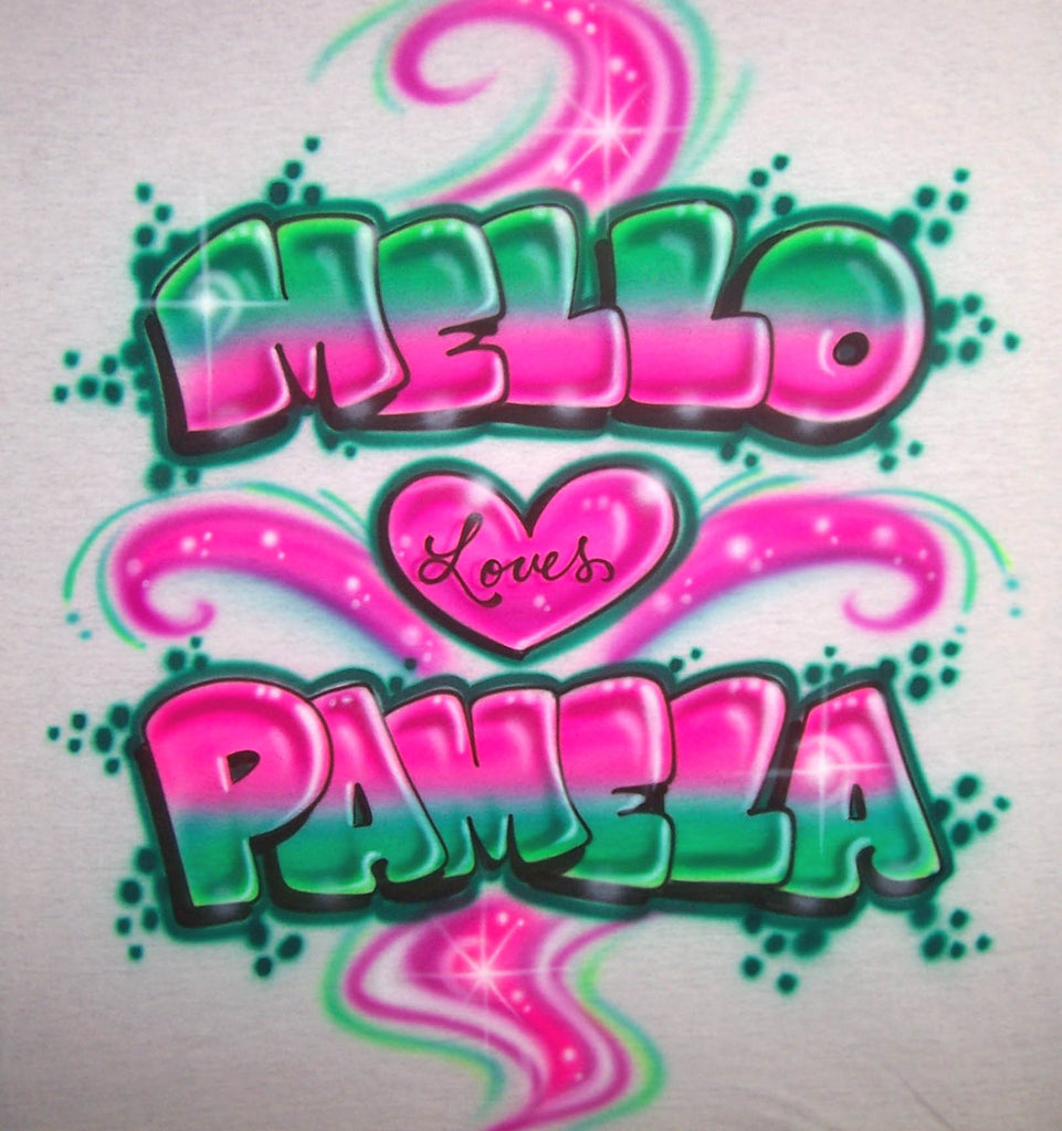 Graffiti Style Airbrushed Love Design with Two Names, Heart, & Color Swirls