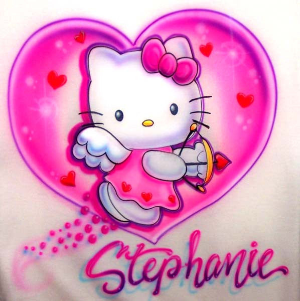 Airbrush Apparel Airbrushed Cupid Kitty Angel Wings & Heart Personalized Shirt Design Hooded Pullover Sweat (+14.95) / Adult XL / Sport Grey