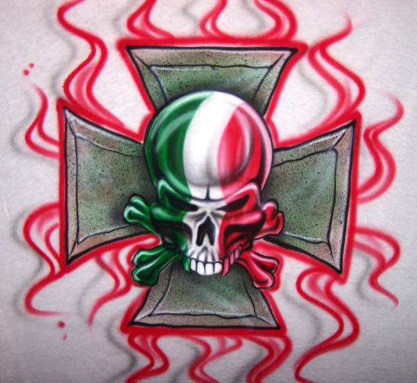 Airbrushed Italian Flag Skull Shirt with Iron Cross Background & Flames