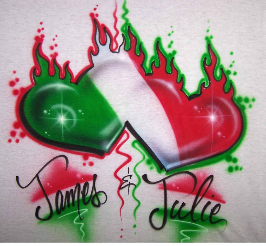 Airbrushed Italian Flaming Double Heart for Couples. T-Shirts & Sweatshirts Available Online Now!