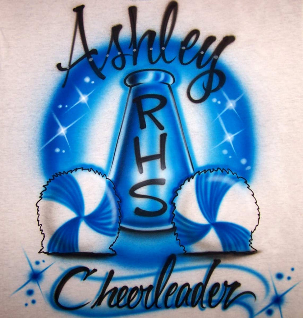 Airbrushed Pom Pom and Megaphone Personalized Cheerleader Tee or Sweat Shirt