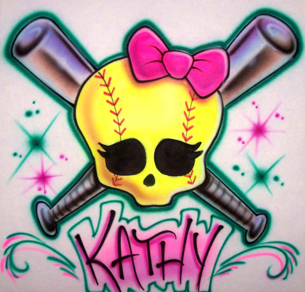 Airbrushed Cute Softball Skull and Crossed Bats Personalized Shirt