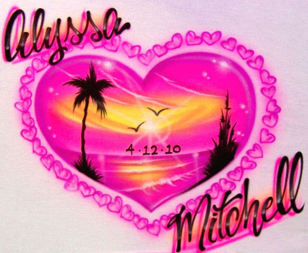 Neon Pink Heart Shaped Beach Scene  and Double Name Airbrushed Shirt