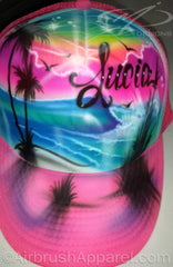 Airbrushed Full Beach Scene Personalized Snap Back Neon Pink Trucker Hat