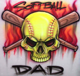 Softball Dad Airbrushed Flaming Skull and Bats Shirt Design