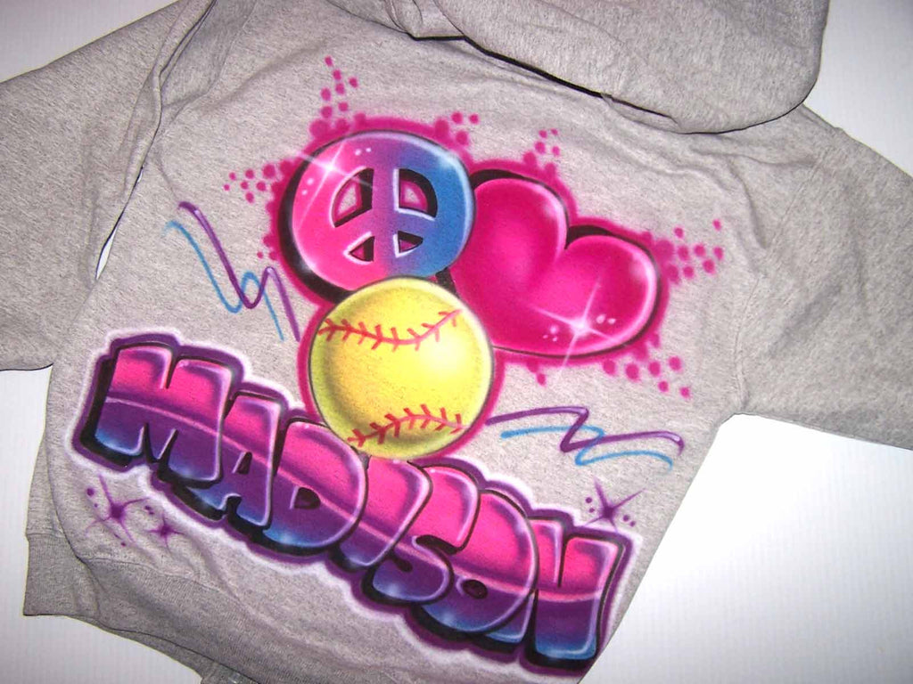 Peace Love Softball Airbrushed 2 Sided Sweatshirt, Hoodie, or Zipper Hood