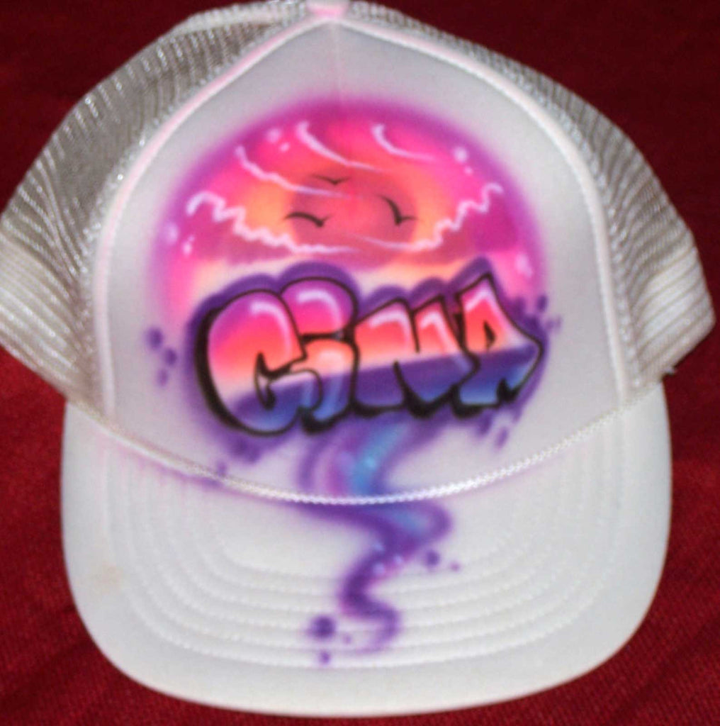 Airbrushed Sunset Sky Bubble Letter Name Snap Back Trucker Hat