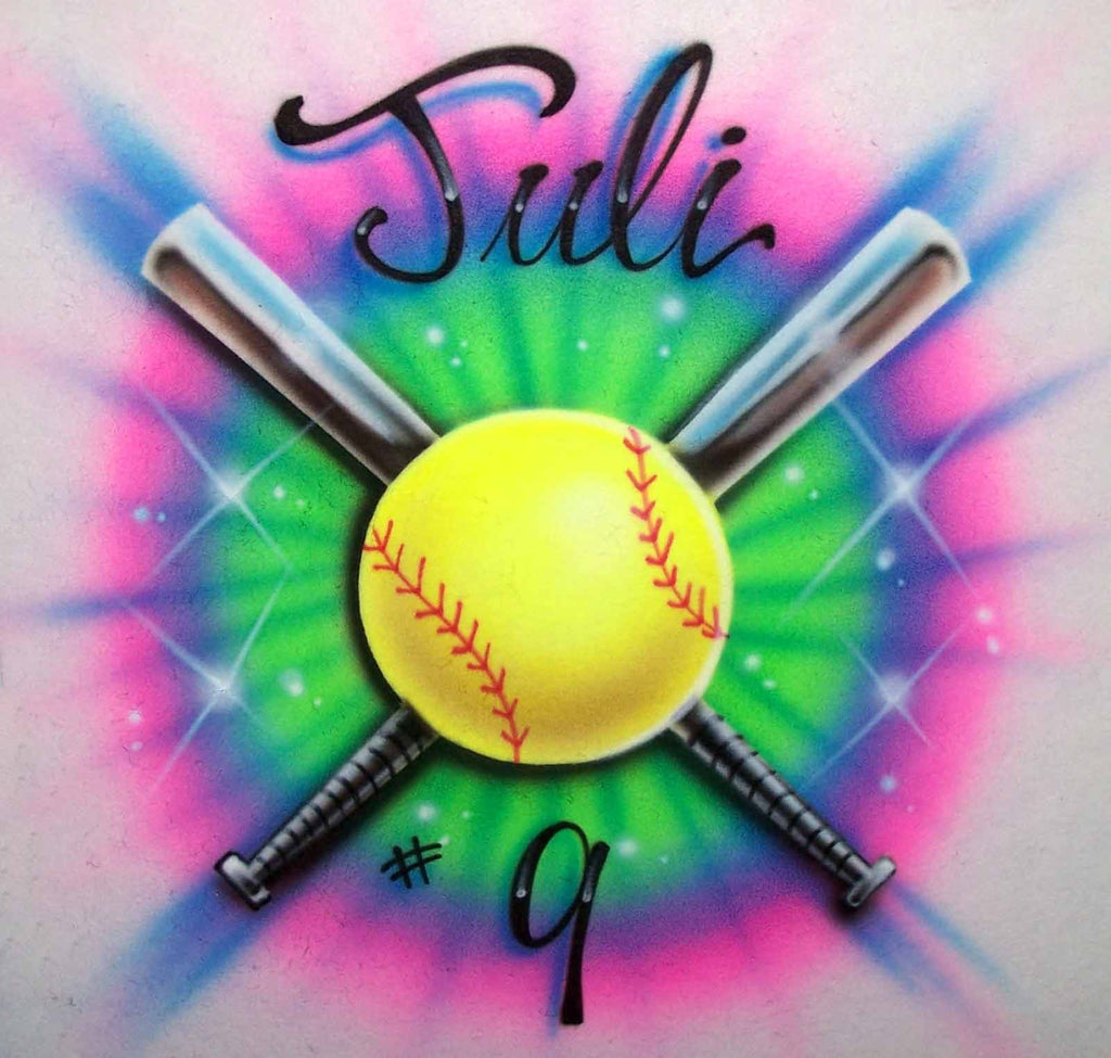 Colorful Airbrushed Softball & Crossed Bats Personalized Shirt
