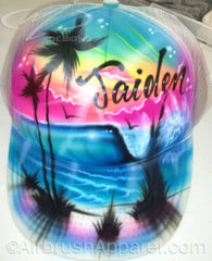 Snap Back Trucker Hat With Airbrushed Beach Scene Palm Trees Personalized