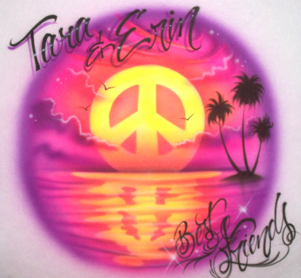 Best Friends Beach Scene & Peace Sign Sunset Airbrushed Design