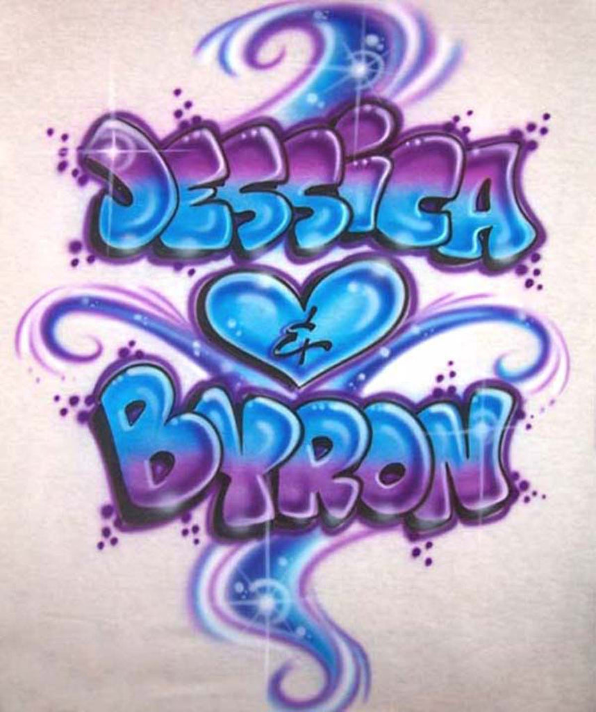 Graffiti Love Design Airbrushed with Two Names, Heart, & Color Swirls