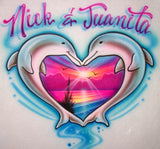 Airbrushed Dolphin Heart beach scene & couples name shirt