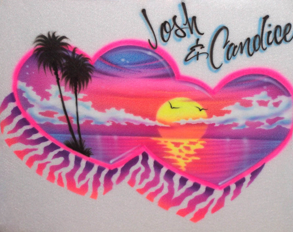 Bright Heart Sunset with Zebra Print Airbrush Shirt Design for Couples