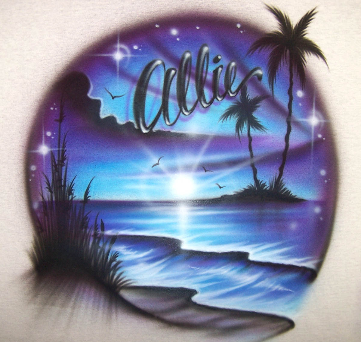Night sky beach palm tree airbrush design
