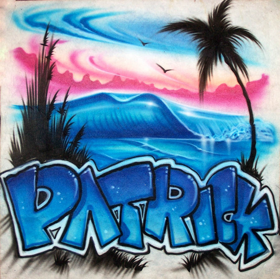 Airbrushed Beach, Waves & Palm Tree with Graffiti Name